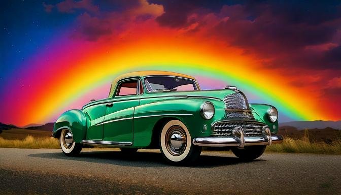 Firefly coche antiguo de color verde esmeralda con un arco iris de fondo 61205 VERDE ESMERALDA