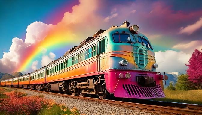 COLORES PASTEL 10 Firefly tren grande antigua de color pastel con un arco iris de fondo 61205 COLORES PASTEL